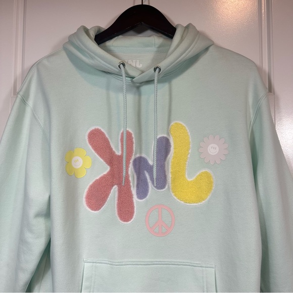 KNJ “Peace Out” Classic Pullover Hoodie in Light Green Fuzzy Letters Size Medium - Picture 2 of 6